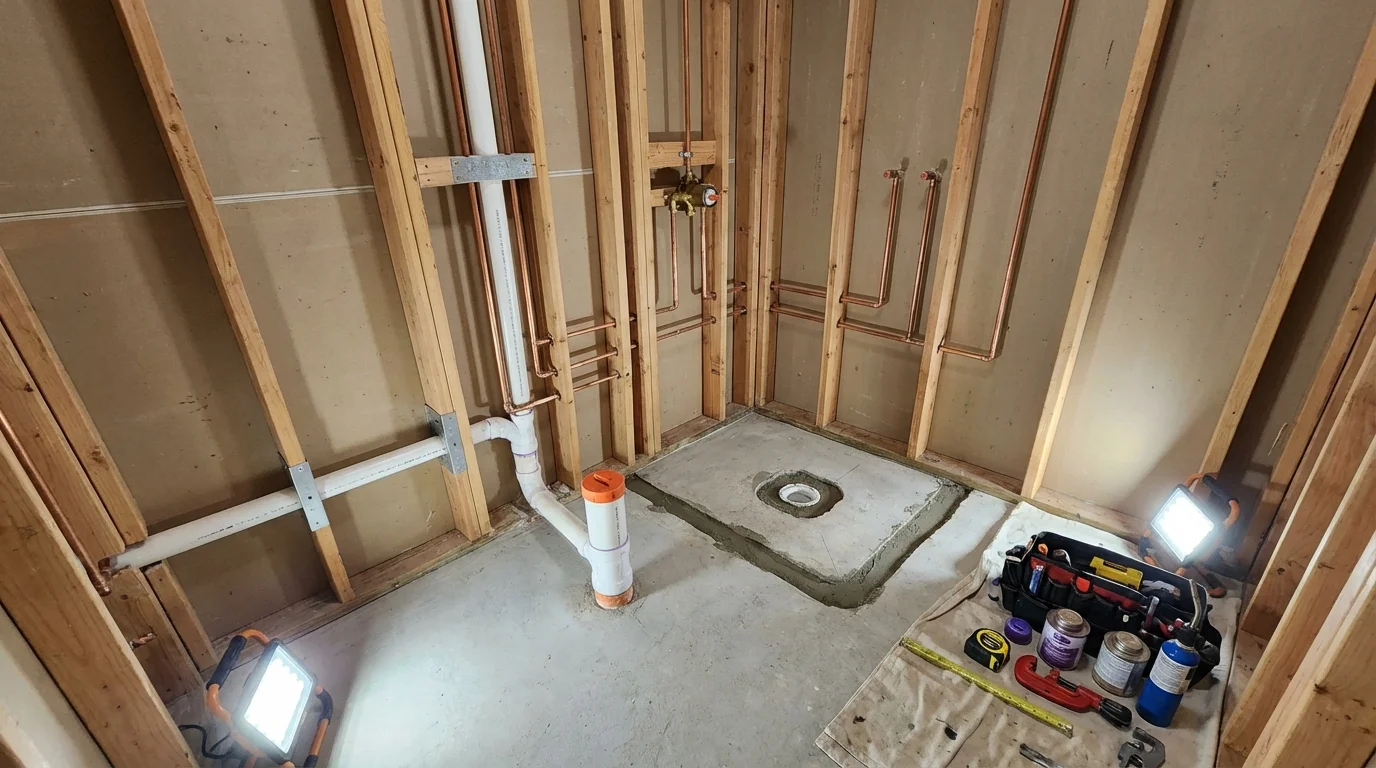 Bathroom rough-in plumbing during remodel by Johns Plumbing LLC in Jellico