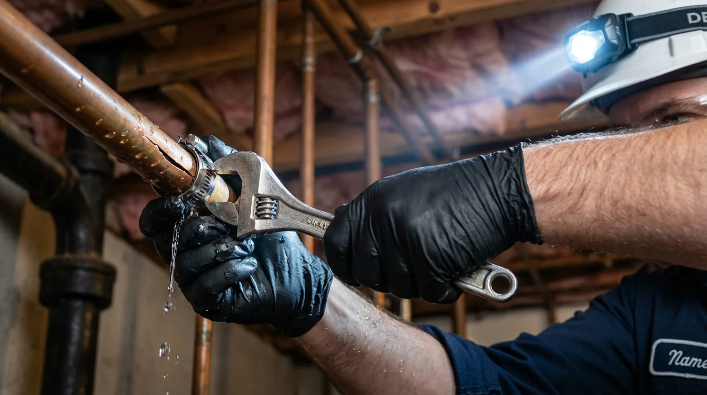 Emergency pipe clamp repair being performed by a Johns Plumbing LLC plumber in Jellico
