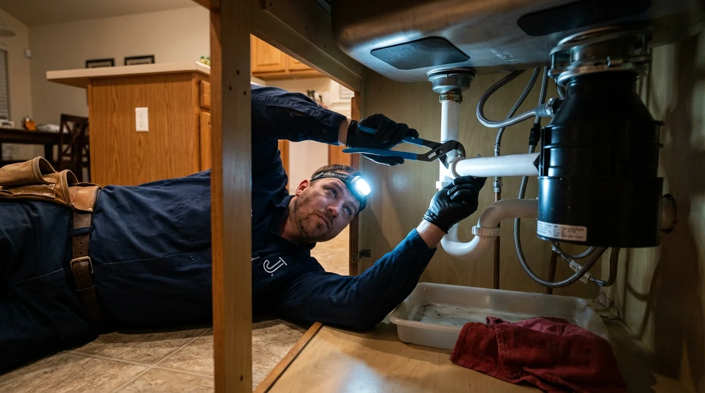 P-trap and supply line connections under a kitchen sink showing a common leak point in Jellico, TN